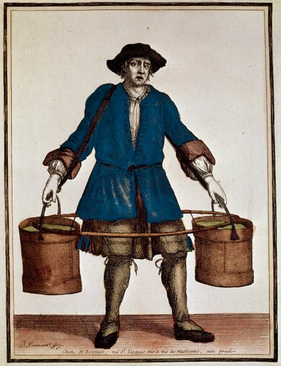 Aguador, grabado coloreado por Henri Bonnart (1642-1711) y Jean Baptiste Bonnart (1654-1726), del Recueil des modes de la cour de France de Jean Baptiste Bonnart