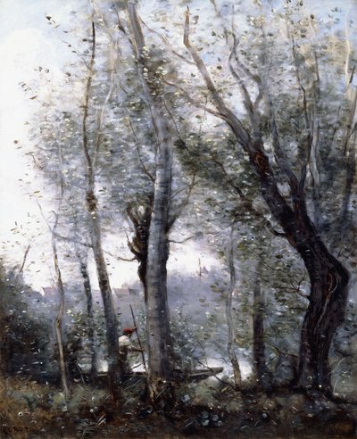 Una Barca Pasando Detrás de los Árboles en la Orilla de Jean Baptiste Camille Corot