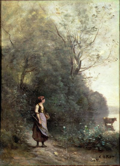Una campesina pastoreando una vaca al borde de un bosque, c.1865-70 de Jean Baptiste Camille Corot