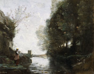 Un río con una torre cuadrada y un granjero en primer plano, c.1865-70 de Jean Baptiste Camille Corot