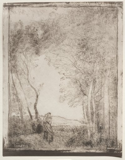 Una joven madre en la entrada de un bosque, impresión original 1856, impreso en 1921 de Jean Baptiste Camille Corot