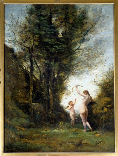 Una ninfa jugando con un amor. Pintura de Camille Corot de Jean Baptiste Camille Corot