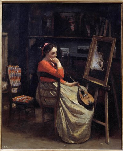 Una joven pensativa, con un mandolín en la mano, en el estudio del pintor de Jean Baptiste Camille Corot