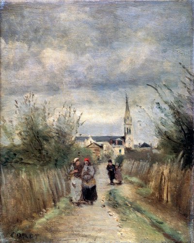 Campanario en Argenteuil Camino a la iglesia, 1870s de Jean Baptiste Camille Corot