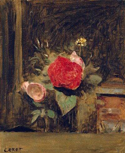 Ramo de flores en un vaso junto a una olla de tabaco, c.1873-74 de Jean Baptiste Camille Corot
