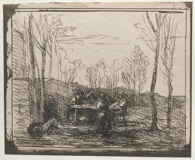 Desayuno en un claro, impresión original 1857, impresa en 1921 de Jean Baptiste Camille Corot
