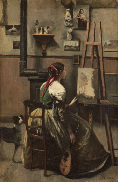 Estudio de Corot: Mujer sentada frente a un caballete, con una mandolina en la mano de Jean Baptiste Camille Corot