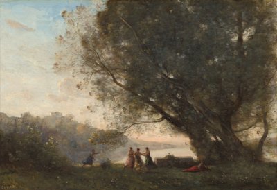 Baile bajo los árboles al borde del lago de Jean Baptiste Camille Corot