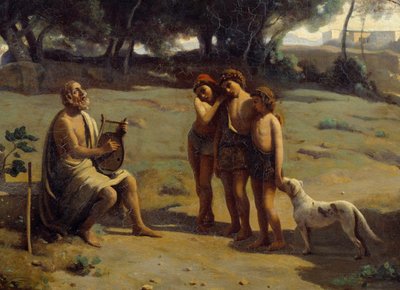 (detalle) de la pintura Homero y los pastores. El poeta griego en la isla de Patmos y los tres jóvenes de Jean Baptiste Camille Corot