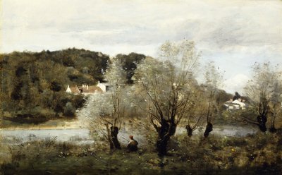 Pescador en el Borde de un Estanque en el Pueblo de Avary, c.1850-55 de Jean Baptiste Camille Corot