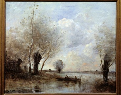 Pesca en un bote con los sauces de Jean Baptiste Camille Corot