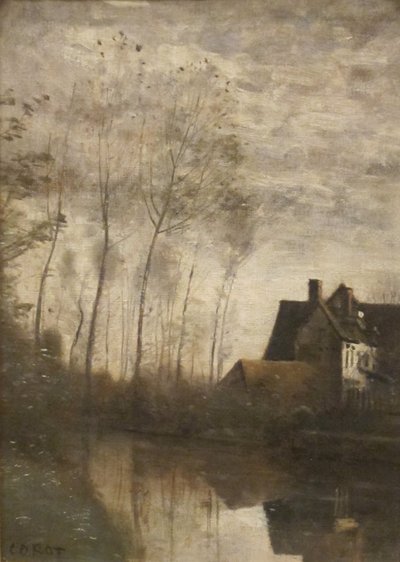 Francés: Scène de rivière avec maisons et peupliers A River Scene with Houses and Poplars de Jean Baptiste Camille Corot