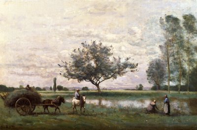 Carro de heno junto a un río de Jean Baptiste Camille Corot