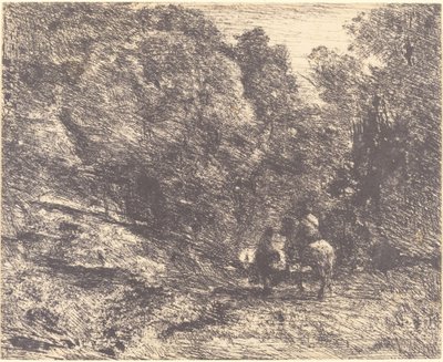 Jinete y vagabundo en el bosque de Jean Baptiste Camille Corot