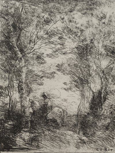 Jinete en el bosque, impresión original 1854, impresa en 1921 de Jean Baptiste Camille Corot