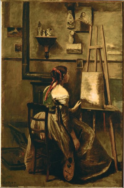 Estudio de Corot - joven sentada ante un caballete ... de Jean Baptiste Camille Corot