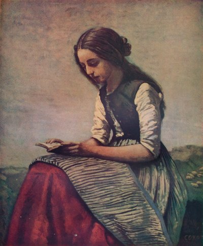 La pequeña lectora o joven pastora sentada y leyendo, c1855 de Jean Baptiste Camille Corot