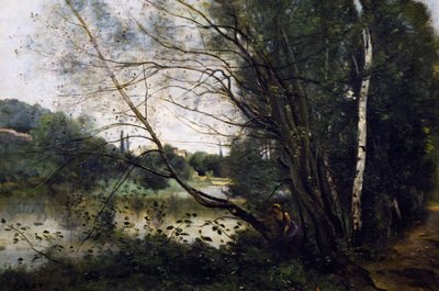 Lago con el tronco de árbol inclinado de Jean Baptiste Camille Corot