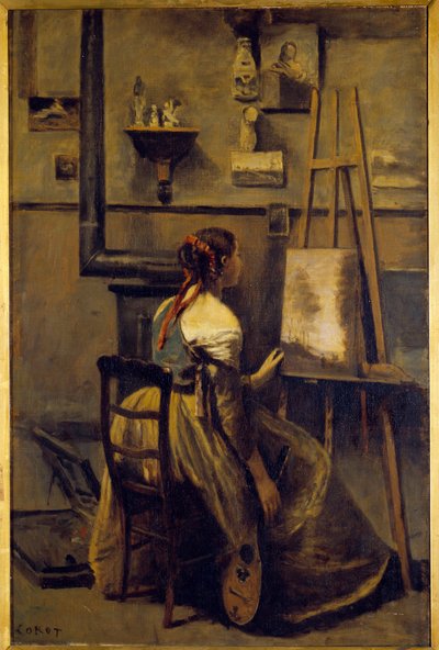 El taller de Camille Corot, joven sentada frente a un caballete de Jean Baptiste Camille Corot