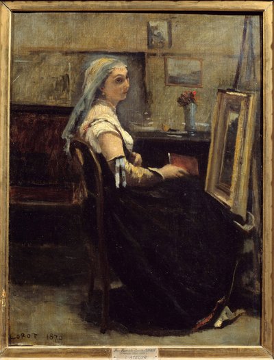 El taller o mujer frente a un caballete por Camille Corot (1796-1875) 1870. Lyon, Museo de Bellas Artes de Jean Baptiste Camille Corot