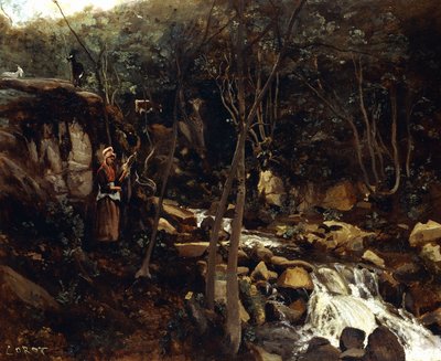 Lormes - Un Torrente con un Campesino de Pie, Hilando Lana, 1842 de Jean Baptiste Camille Corot