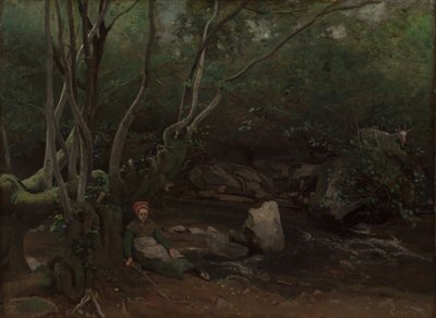 Lormes: Chica cabrera sentada junto a un arroyo en un bosque de Jean Baptiste Camille Corot
