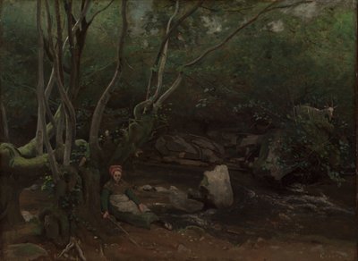Lormes: Cabra-niña sentada junto a un arroyo en un bosque de Jean Baptiste Camille Corot