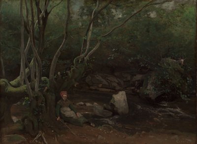 Lormes: Chica cabra sentada junto a un arroyo en un bosque, 1842 de Jean Baptiste Camille Corot