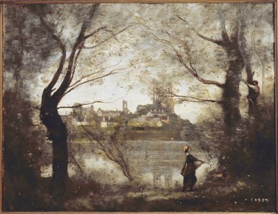 Mantes, catedral y ciudad vistas a través de los árboles, al atardecer de Jean Baptiste Camille Corot