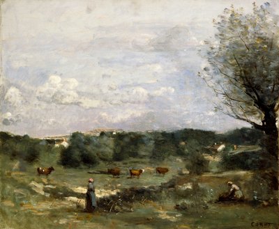Prado con vacas, un sauce a la derecha y un pueblo distante de Jean Baptiste Camille Corot
