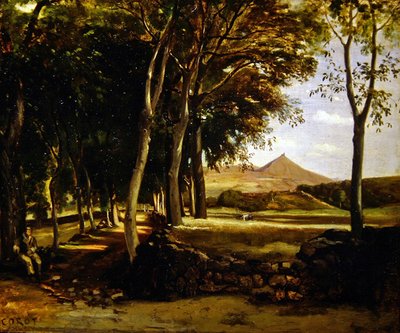 Paisaje montañoso visto a través de una avenida de árboles de Jean Baptiste Camille Corot