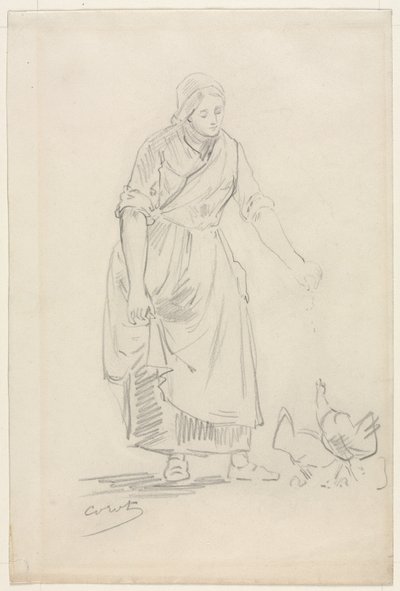 Campesina Alimentando Gallinas de Jean Baptiste Camille Corot