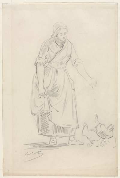 Campesina Alimentando Gallinas, 1800s de Jean Baptiste Camille Corot