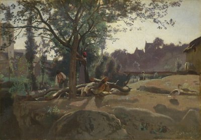 Campesinos bajo los árboles al amanecer, c. 1843 de Jean Baptiste Camille Corot