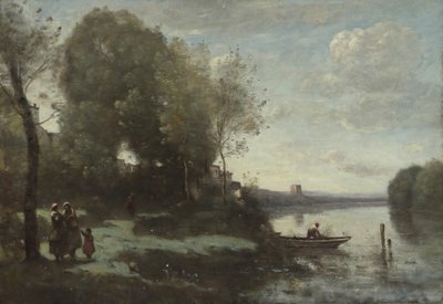 Río con una torre distante de Jean Baptiste Camille Corot