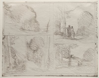 El jardín de Pericles; El callejón del pintor; Garabato; El gran leñador; La torre de Enrique VIII de Jean Baptiste Camille Corot