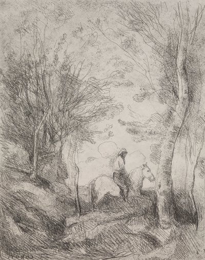 El gran caballero en el bosque, impresión original 1854, impresa en 1921 de Jean Baptiste Camille Corot