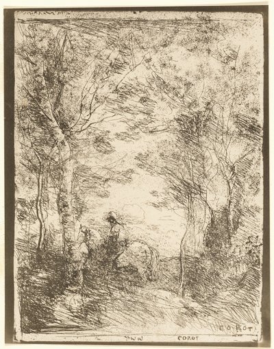 El jinete en el bosque, placa pequeña de Jean Baptiste Camille Corot