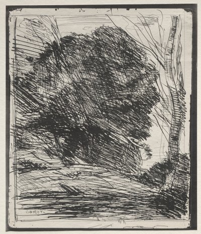 Árboles en la montaña, impresión original 1856, impreso en 1921 de Jean Baptiste Camille Corot