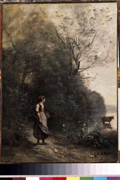 ""Una pastora y su rebaño de vacas al borde de un bosque"" (Pastora con una vaca al borde del bosque) Pintura de Camille Corot (1796-1875) 1865-1870 Dim. 47,5x35 cm Museo de la ermita , San Petersburgo de Jean Baptiste Camille Corot