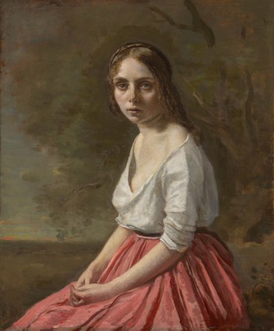Joven mujer con falda rosa, c.1845-50 de Jean Baptiste Camille Corot