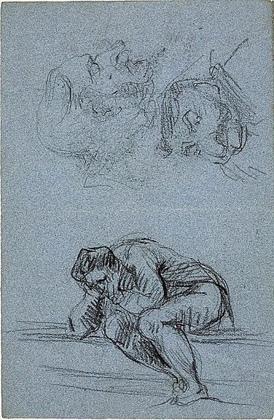 Figura sentada con la cabeza entre las manos y dos caricaturas (anverso); cuatro figuras en una luneta (reverso) de Jean Baptiste Carpeaux