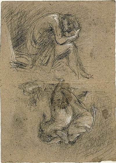 Bocetos: Hombre Sentado con la Cabeza en las Manos y Dos Figuras Inclinándose hacia Otras en el Fondo (recto); Mujer Reclining (verso) de Jean Baptiste Carpeaux