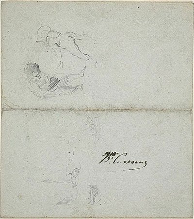 Bocetos de dos niños, barcos en el mar (anverso); bocetos de figura masculina a grandes zancadas sosteniendo un bastón y escena costera (reverso). de Jean Baptiste Carpeaux