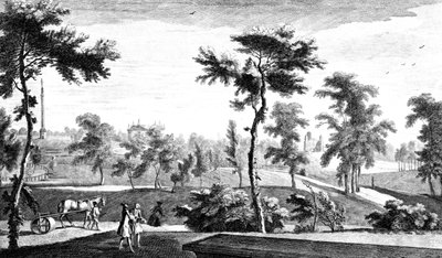 Una vista desde el Templo Griego hasta el Pilar de Lord Cobham, Jardines de Stowe House, grabado por George Bickham, 1753 de Jean Baptiste Claude Chatelain