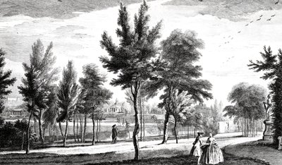 Vista de los Campos Elíseos desde el Manantial de Helicon, Jardines de la Casa Stowe, grabado por George Bickham, 1753 de Jean Baptiste Claude Chatelain