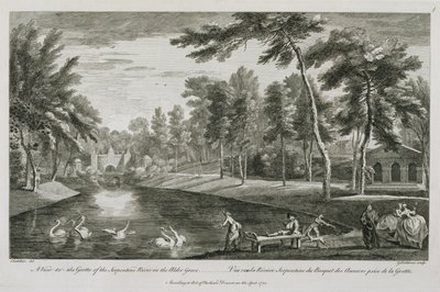 Vista a la gruta del río Serpentine en el bosque de alisos en Stowe, 1753, grabado por George Bickham de Jean Baptiste Claude Chatelain