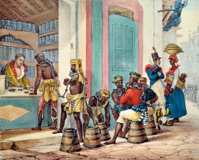 Esclavos encadenados comprando tabaco en una tienda de tabaco en Río de Janeiro, 1835 de Jean Baptiste Debret