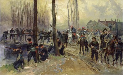 Emboscada cerca de un puente defendido por tropas, temprano en la mañana, 1870 de Jean Baptiste Edouard Detaille
