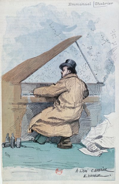 Francia, París, grabado coloreado del compositor francés Emmanuel Chabrier de Jean Baptiste Edouard Detaille